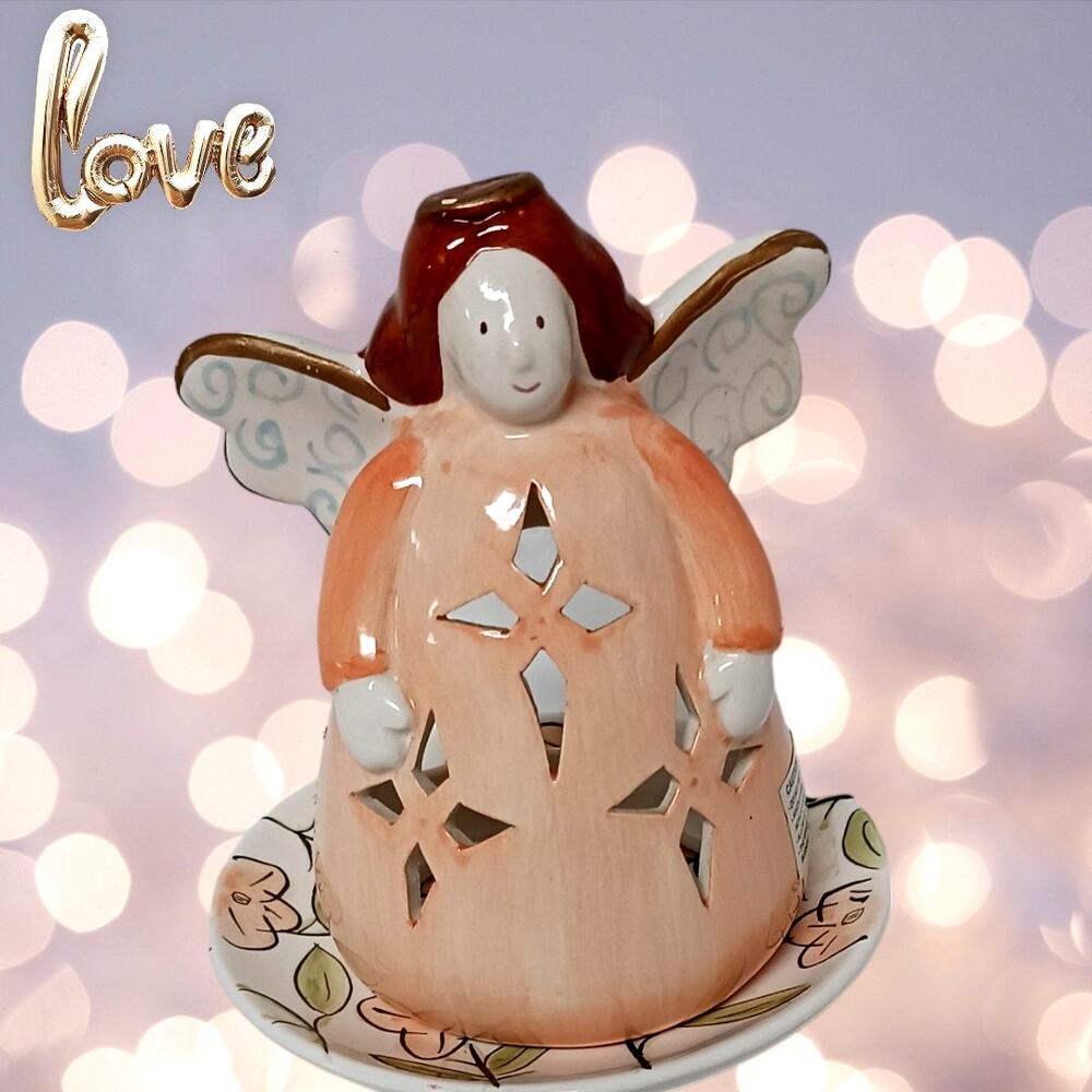 Vintage🪽Angel Tea Light Candle Holder 🕯️ Pink Coral Farmhouse Boho